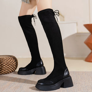 Women's strech slim fit knee high boots thick sole