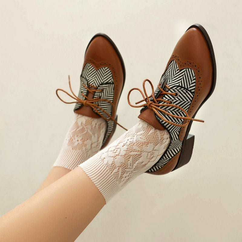 Women's striped patchwork 2 tones oxford brogue shoes