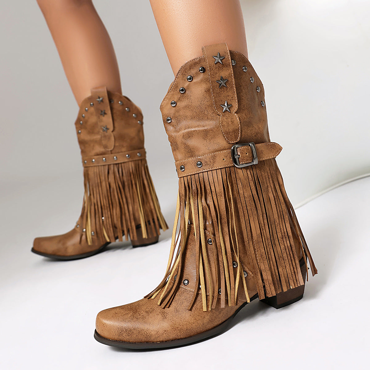 brown Women's studded mid calf tassels cowboy boots
