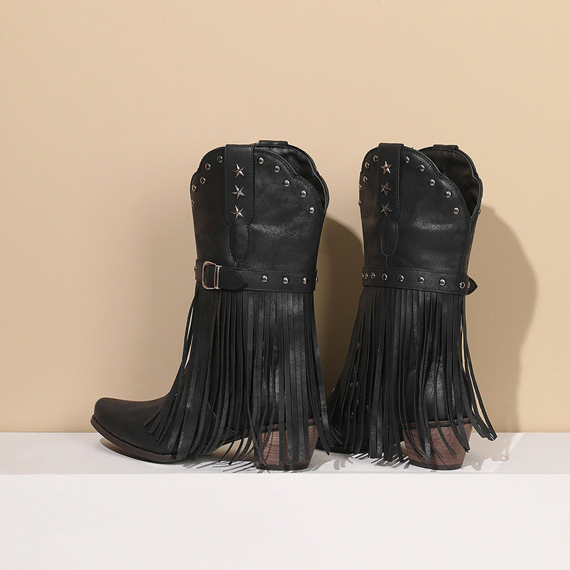 black Women's studded mid calf tassels cowboy boots
