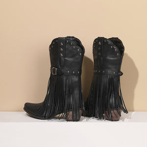 black Women's studded mid calf tassels cowboy boots