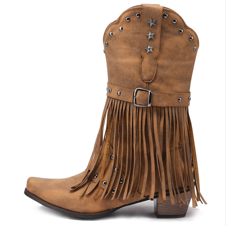 brown Women's studded mid calf tassels cowboy boots