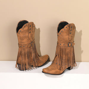 brown Women's studded mid calf tassels cowboy boots