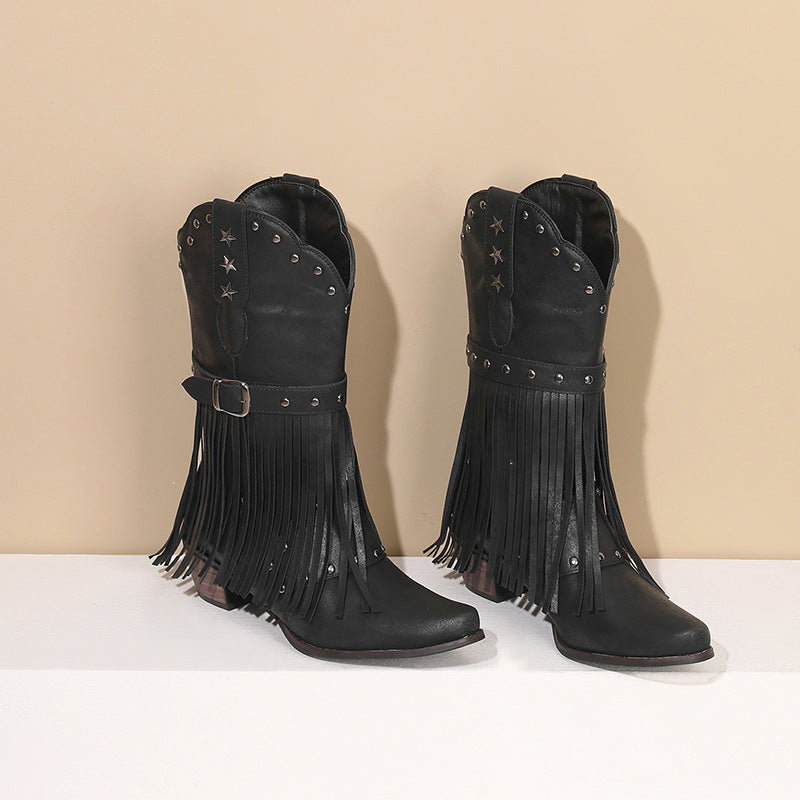 black Women's studded mid calf tassels cowboy boots