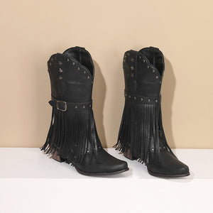 black Women's studded mid calf tassels cowboy boots