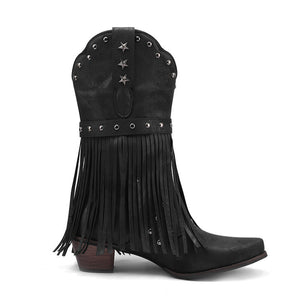 Women's studded mid calf tassels cowboy boots