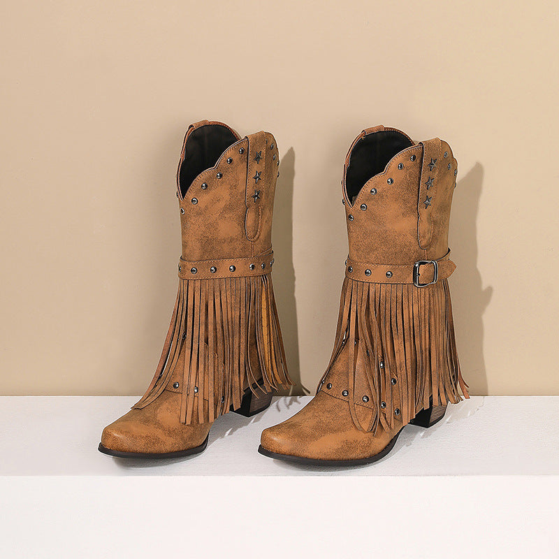 brown Women's studded mid calf tassels cowboy boots