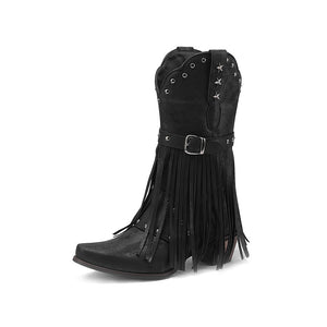Women's studded mid calf tassels cowboy boots