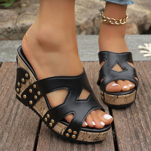 black Women's studded wedge heels platform sandals