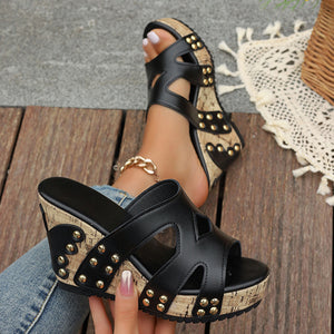black Women's studded wedge heels platform sandals
