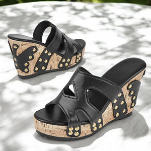 black Women's studded wedge heels platform sandals