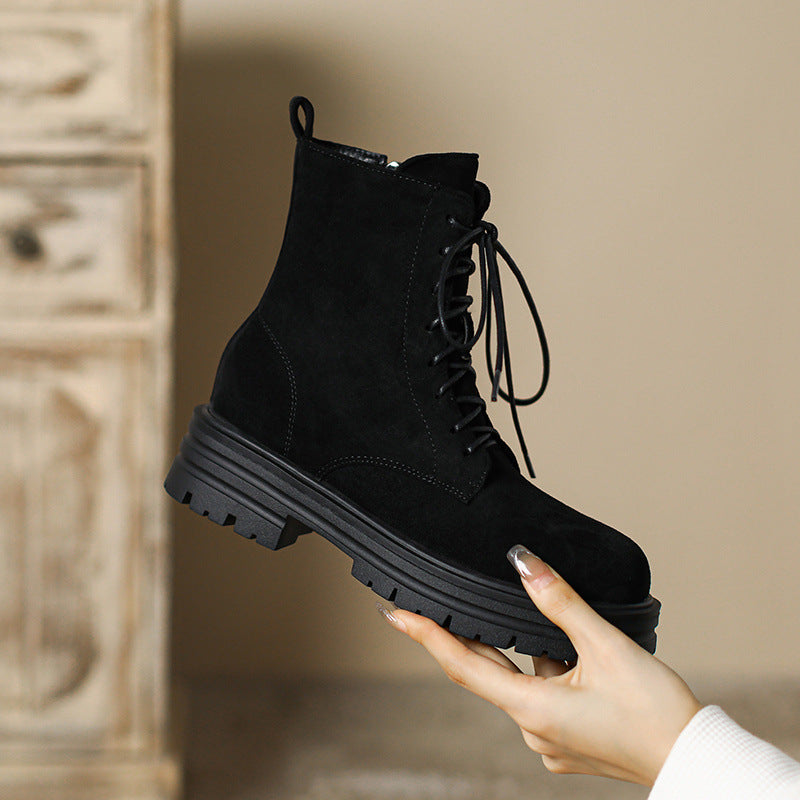 black Women's suede lace-up combat boots with zipper