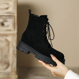 black Women's suede lace-up combat boots with zipper