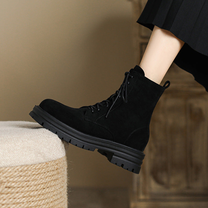 black Women's suede lace-up combat boots with zipper