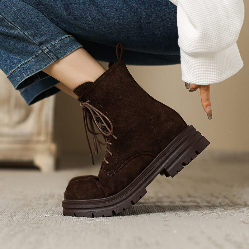 coffee Women's suede lace-up combat boots with zipper