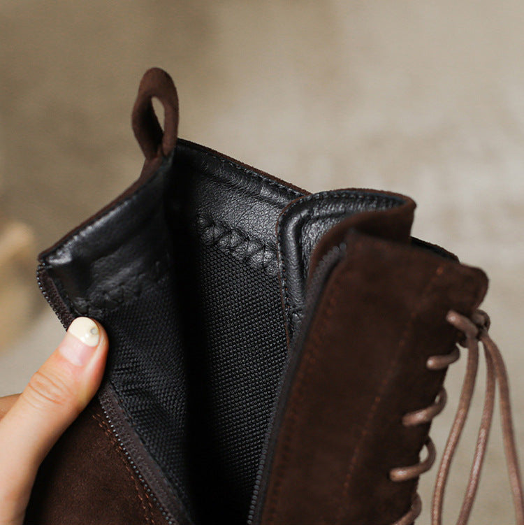 coffee Women's suede lace-up combat boots with zipper
