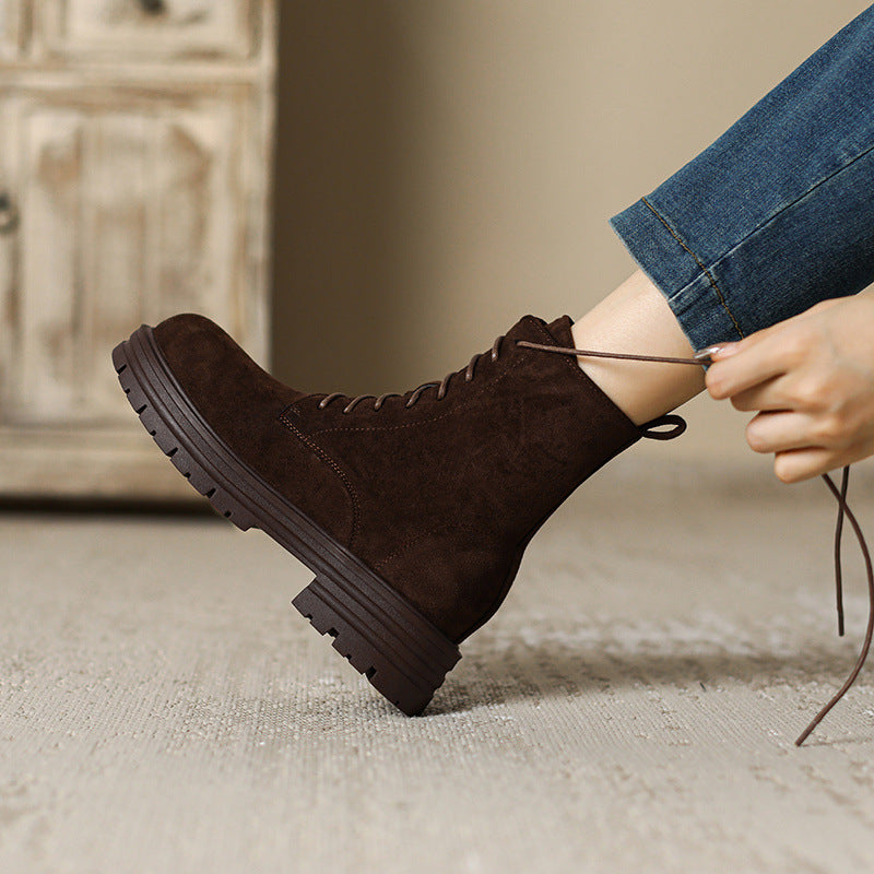coffee Women's suede lace-up combat boots with zipper