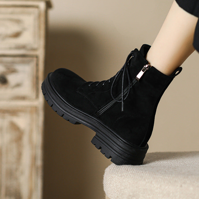 black Women's suede lace-up combat boots with zipper