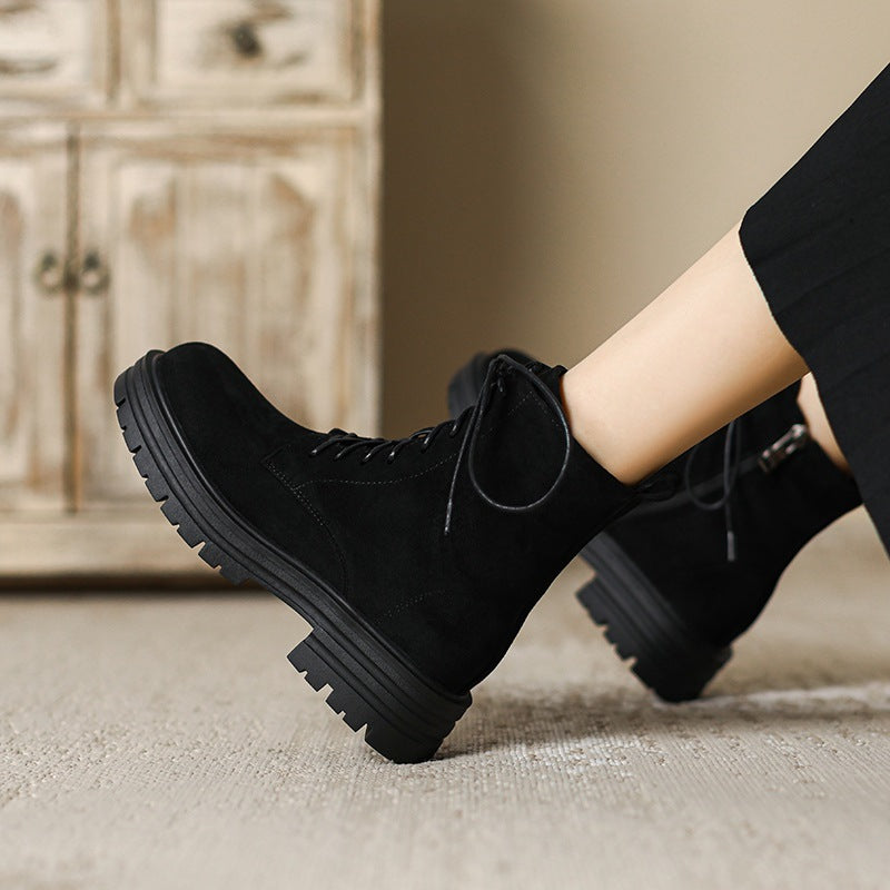black Women's suede lace-up combat boots with zipper