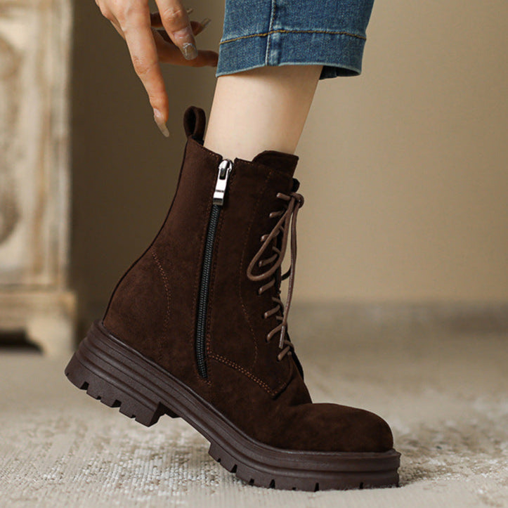 Women's suede lace-up combat boots with zipper