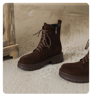 Women's suede lace-up combat boots with zipper