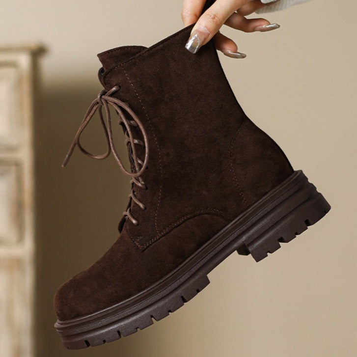 coffee Women's suede lace-up combat boots with zipper