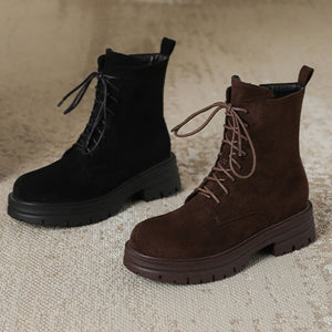 Women's suede lace-up combat boots with zipper