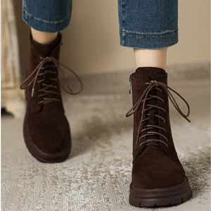 Women's suede lace-up combat boots with zipper