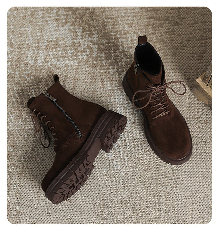 coffee Women's suede lace-up combat boots with zipper