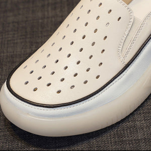 apricot Women's summer hollowed leather slip-on platform loafers