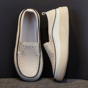 apricot Women's summer hollowed leather slip-on platform loafers