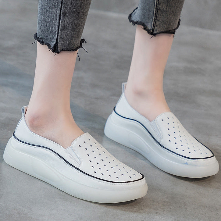Women's summer hollowed leather slip-on platform loafers