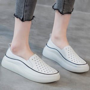 beige Women's summer hollowed leather slip-on platform loafers