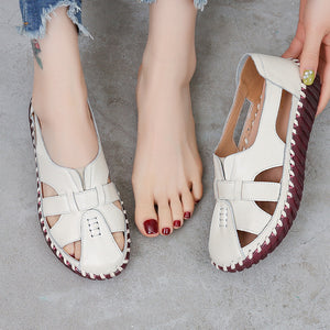 Women's summer lightweight leather hollowed loafers closed toe sandals