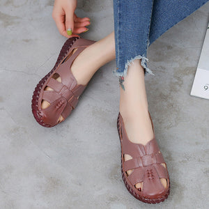 Women's summer lightweight leather hollowed loafers closed toe sandals