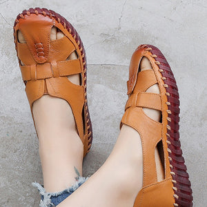 Women's summer lightweight leather hollowed loafers closed toe sandals