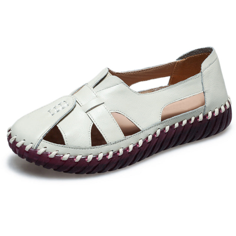 Women's summer lightweight leather hollowed loafers closed toe sandals