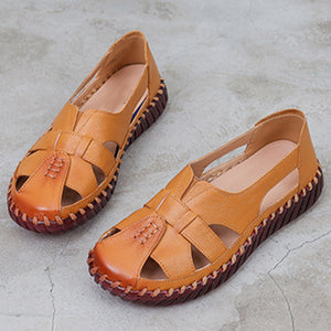 Women's summer lightweight leather hollowed loafers closed toe sandals