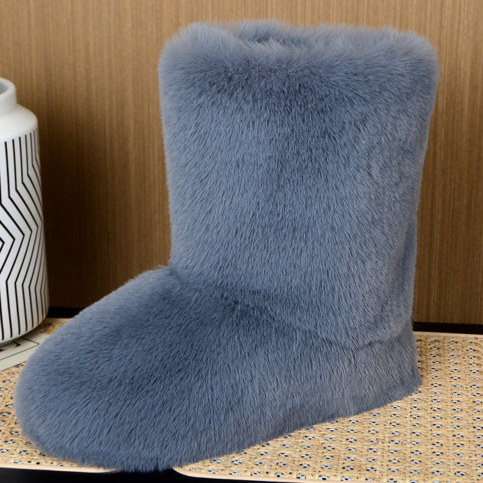 gray Women's thicken faux fur lining mid calf snow boots anti-skid