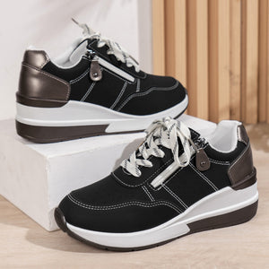 black Women's thick sole comfortable walking wedge sneakers - hollowed lightweight shoes for all seasons casual wear