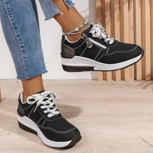 black Women's thick sole comfortable walking wedge sneakers - hollowed lightweight shoes for all seasons casual wear