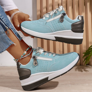 blue Women's thick sole comfortable walking wedge sneakers - hollowed lightweight shoes for all seasons casual wear