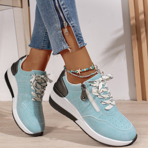 blue Women's thick sole comfortable walking wedge sneakers - hollowed lightweight shoes for all seasons casual wear