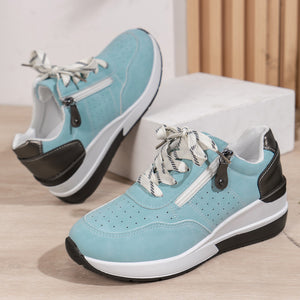 blue Women's thick sole comfortable walking wedge sneakers - hollowed lightweight shoes for all seasons casual wear