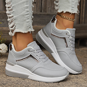 Women's thick sole lace-up wedge heels sneakers - comfort walking shoes for all seasons