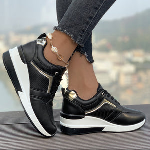 black Women's thick sole lace-up wedge heels sneakers - comfort walking shoes for all seasons
