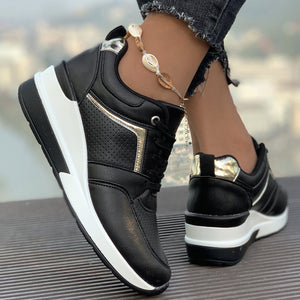 black Women's thick sole lace-up wedge heels sneakers - comfort walking shoes for all seasons