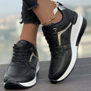 black Women's thick sole lace-up wedge heels sneakers - comfort walking shoes for all seasons