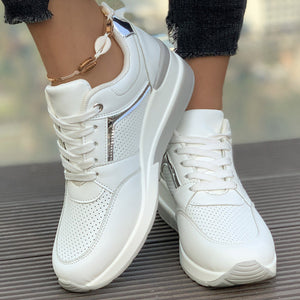 white Women's thick sole lace-up wedge heels sneakers - comfort walking shoes for all seasons