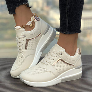 Women's thick sole lace-up wedge heels sneakers - comfort walking shoes for all seasons